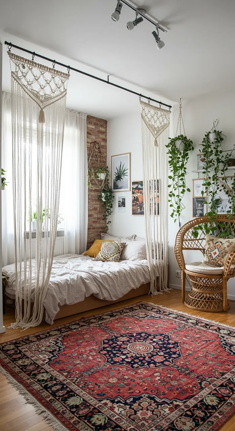 Bohemian bedroom using hanging macrame curtains as a soft room divider.