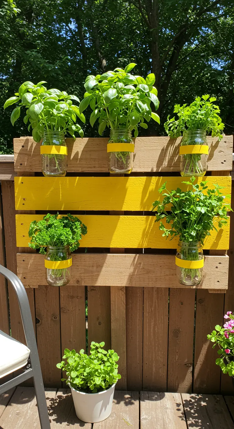 A wood pallet planter with bright yellow horizontal stripes holds jars of fresh parsley.