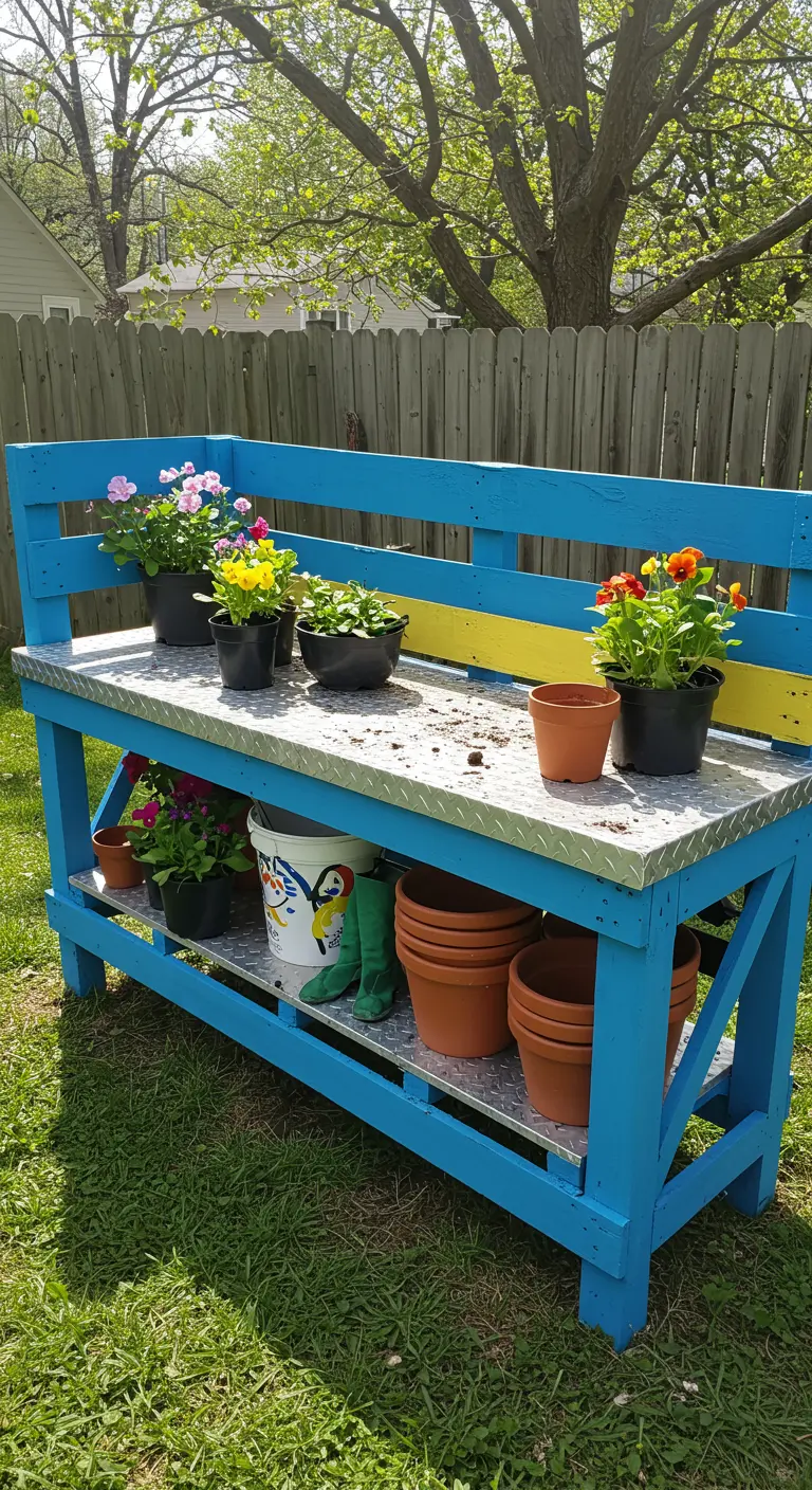 A bright blue painted potting bench with a textured metal diamond plate top, holding flower pots.