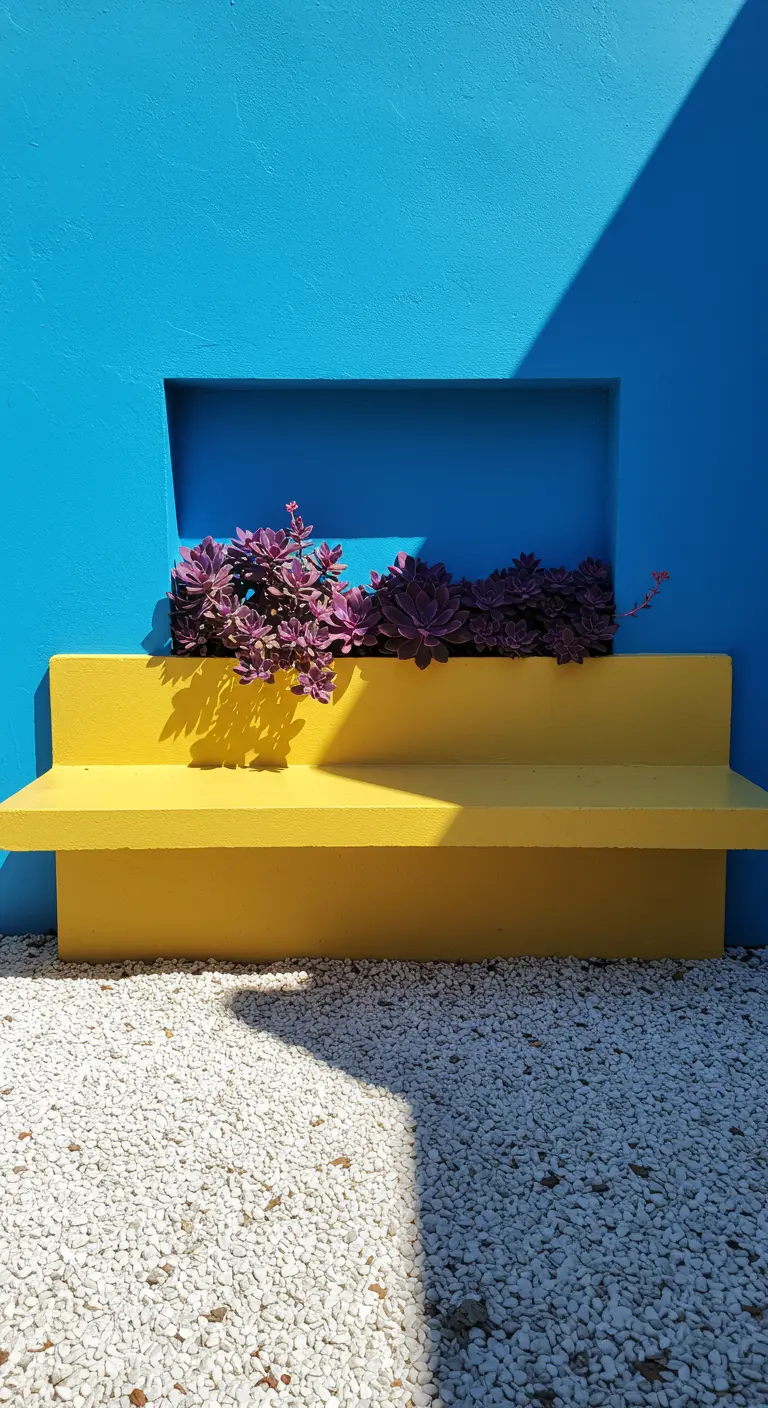 A bright yellow concrete bench against a vivid blue wall, with purple succulents planted in a niche.