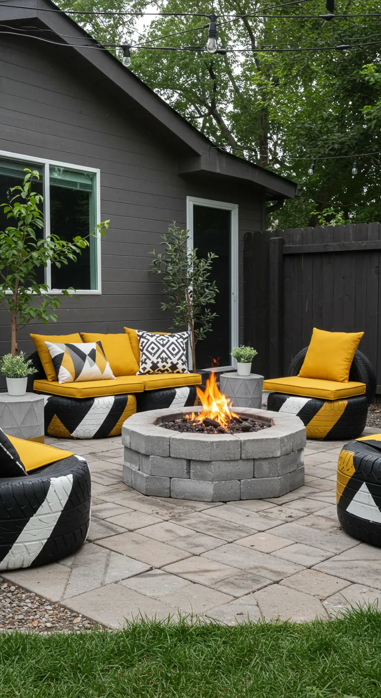 Modern fire pit with tire seats painted with bold black, white, and yellow geometric patterns.