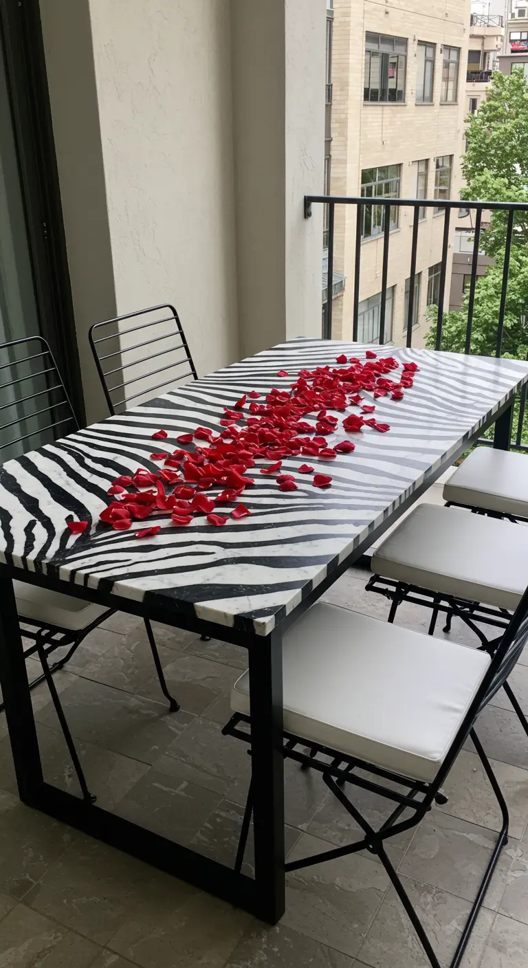 A rectangular table with a zebra-print marble top, decorated with a line of red petals.