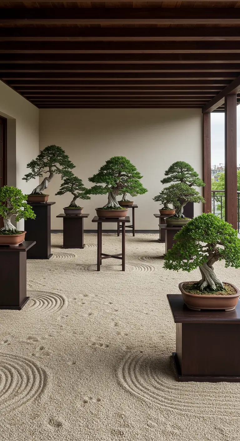 A collection of bonsai trees displayed on pedestals on a covered porch.
