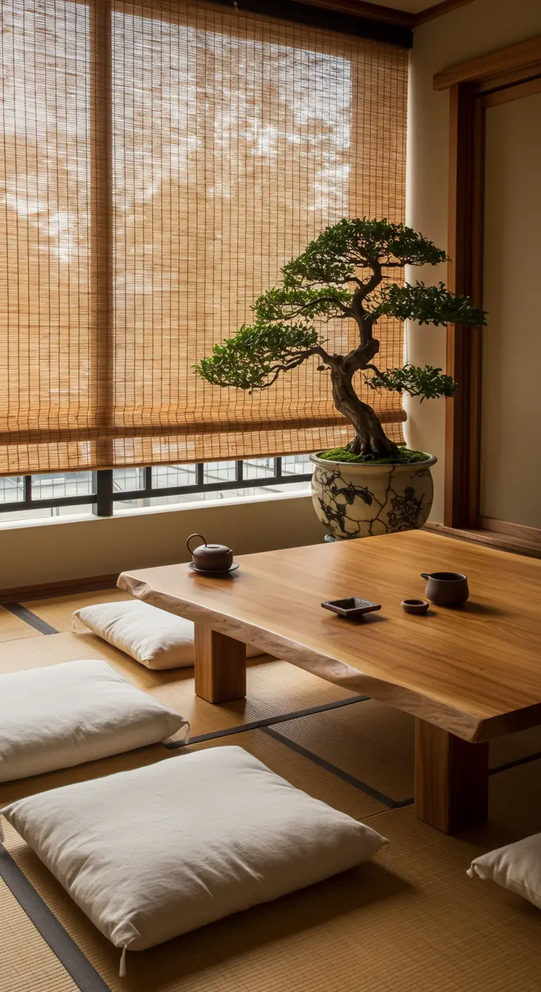 A stunning bonsai tree on a live-edge wood table, surrounded by white cushions on tatami mats.