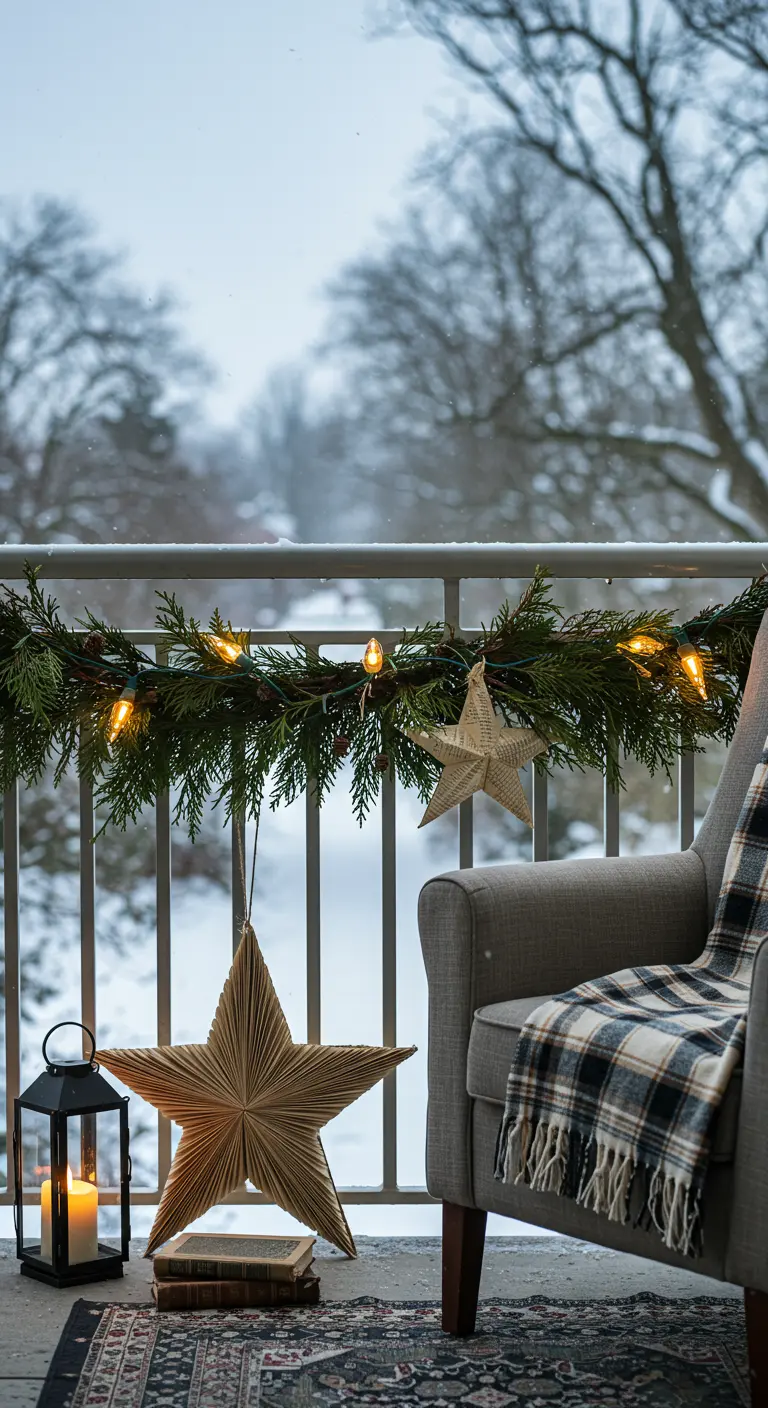 A cozy balcony with a garland and stars made from the pages of a book.