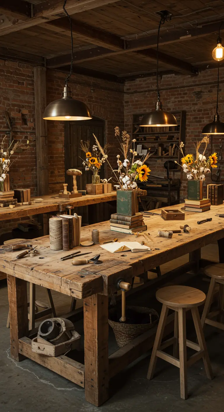 A rustic workshop table with book vases holding sunflowers, surrounded by tools.