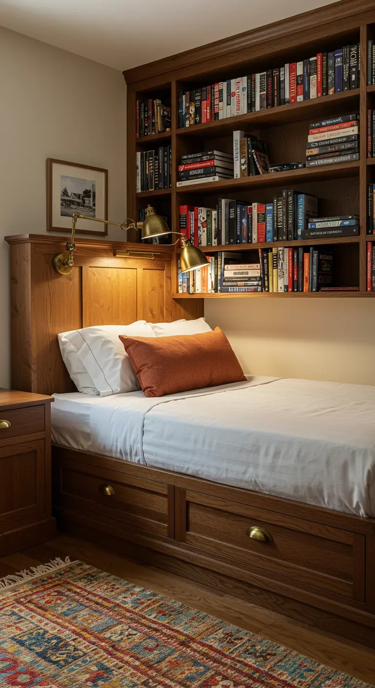 A bedroom with a large bookshelf built around the bed, serving as a headboard.