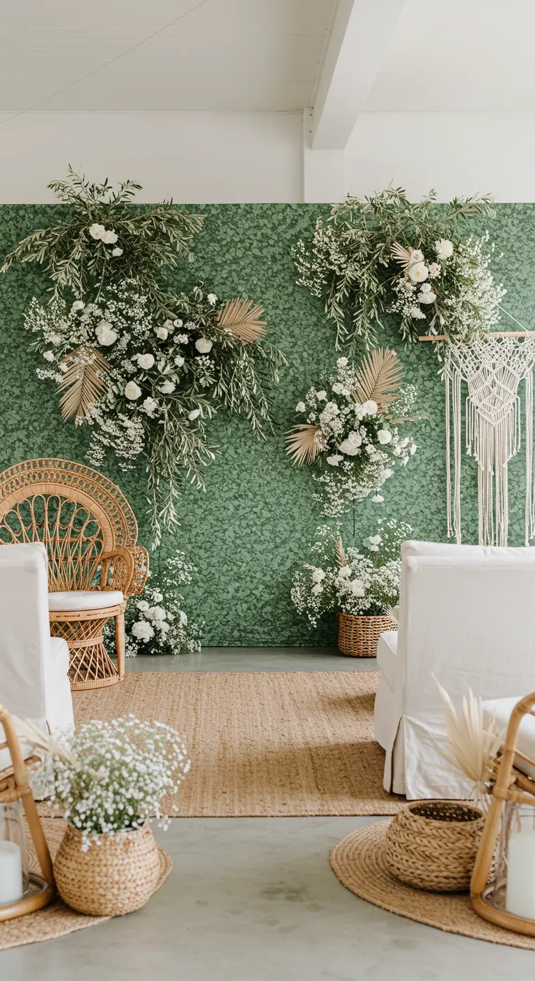 A boho lounge with a rattan chair, white florals, and dried palms against a green wall.