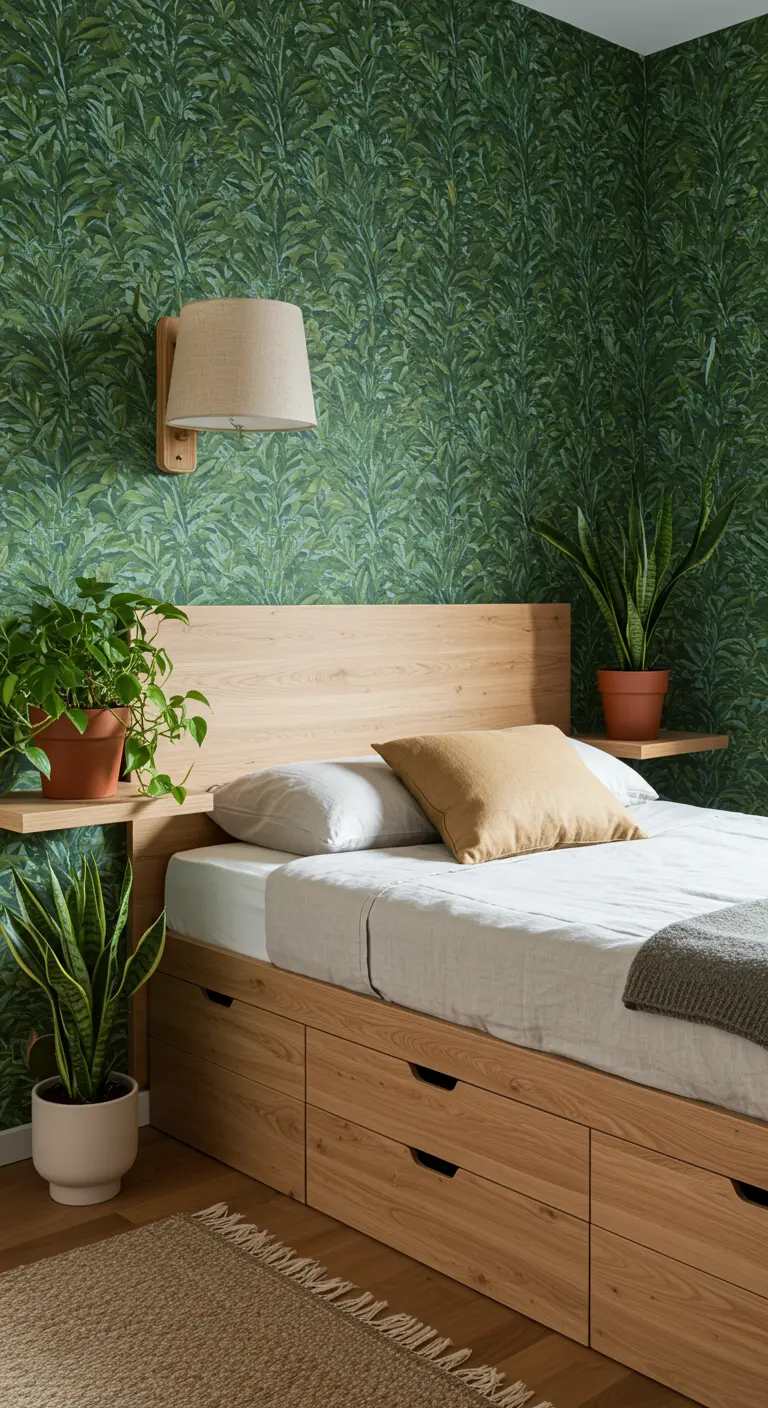 Bedroom with green botanical wallpaper, wood bed, and integrated floating nightstands.