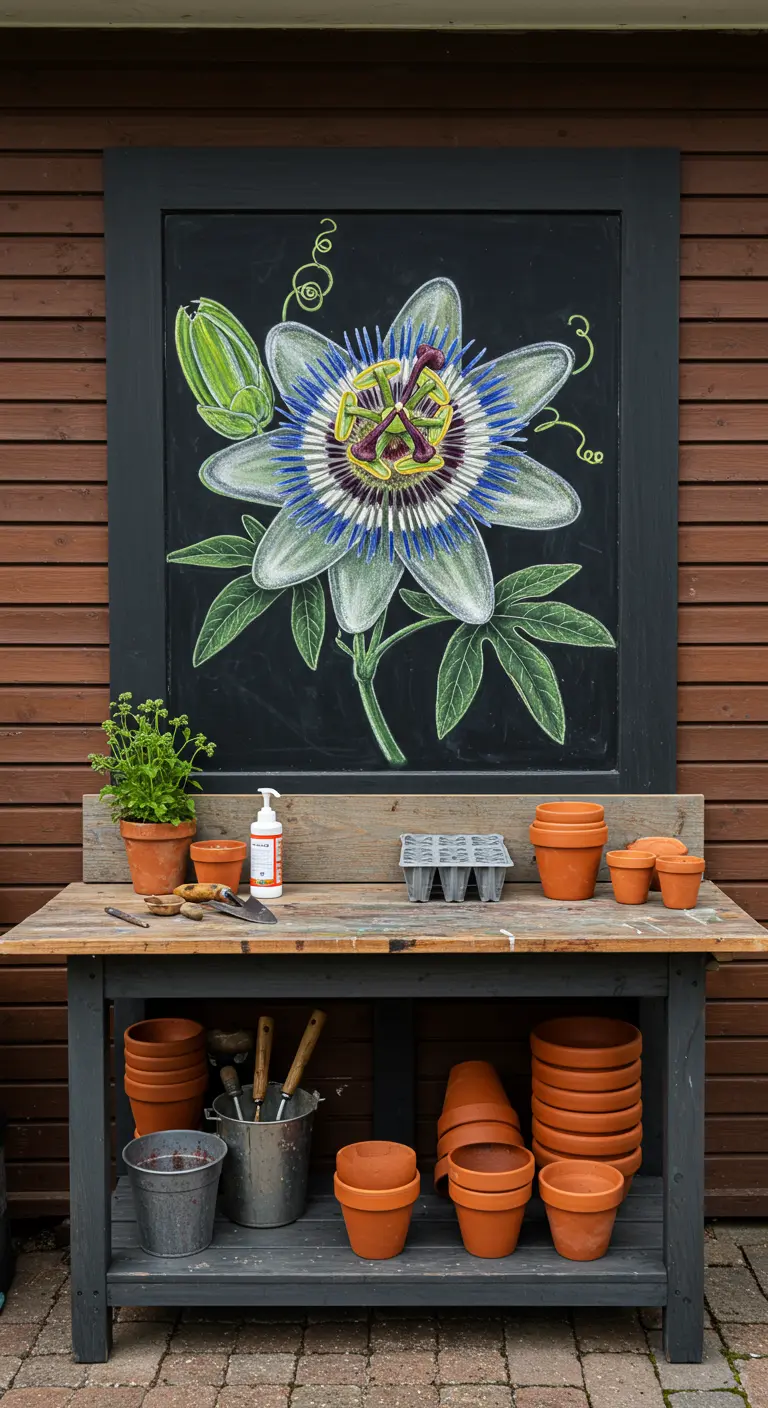A potting bench with a large chalkboard backdrop featuring a detailed drawing of a passionflower.