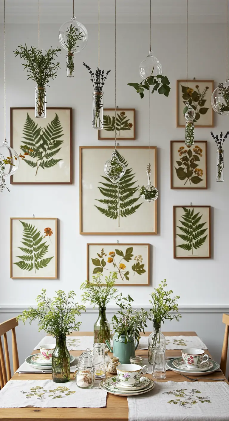 A dining table set for tea with hanging glass terrariums and a gallery wall of botanical prints.