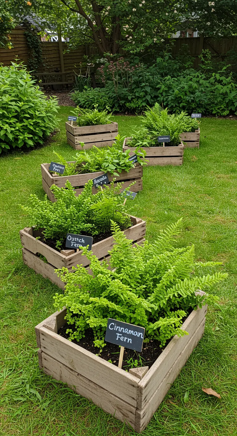 Several wooden crates arranged on a green lawn, each planted with a different fern variety and a small chalkboard label.