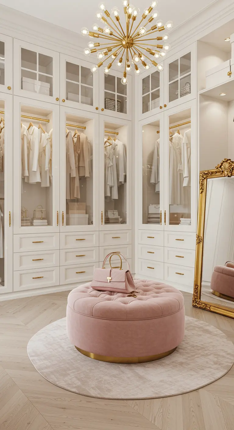 Walk-in closet with white glass-fronted wardrobes, a pink tufted ottoman, and a gold chandelier.