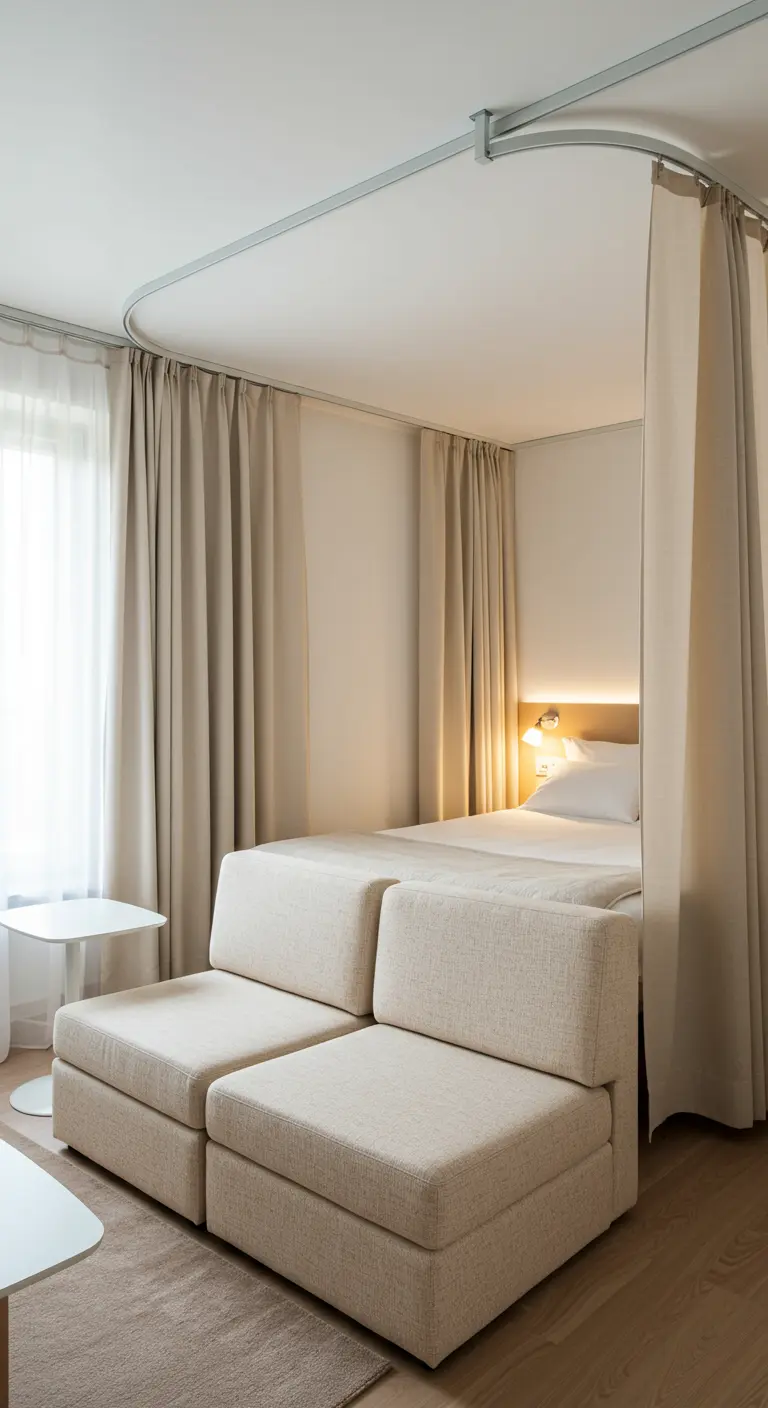 A studio apartment with a bed enclosed by a curved curtain track and a small sofa.