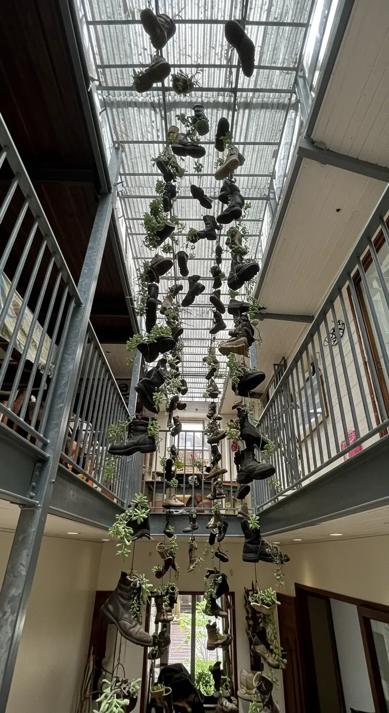 A multi-story installation of hanging boot planters seen from below in an atrium.