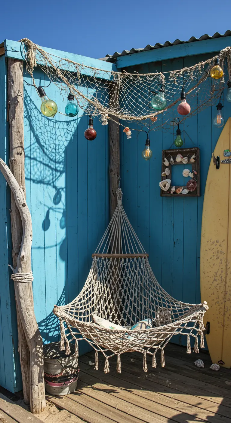 A net hammock next to a blue wall, decorated with a fishing net, colored bulbs, and driftwood.