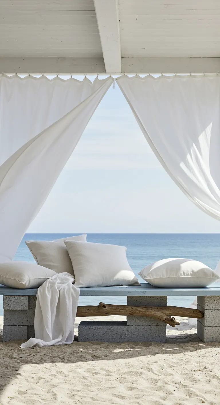A cinder block bench on the sand, framed by billowing white curtains that create a cabana feel.