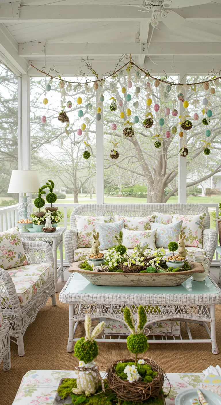 A sun porch with wicker furniture decorated with hanging egg garlands and a large centerpiece.
