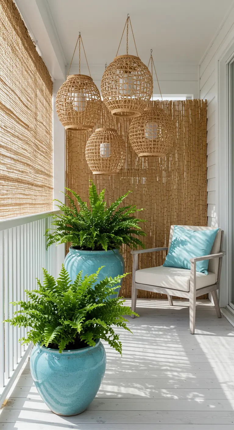 A bright, coastal-style balcony with turquoise planters, rattan pendant lights, and a light wood chair.