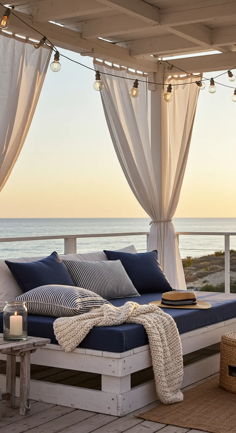 A whitewashed daybed with navy cushions, a knit throw, and string lights on a seaside deck.