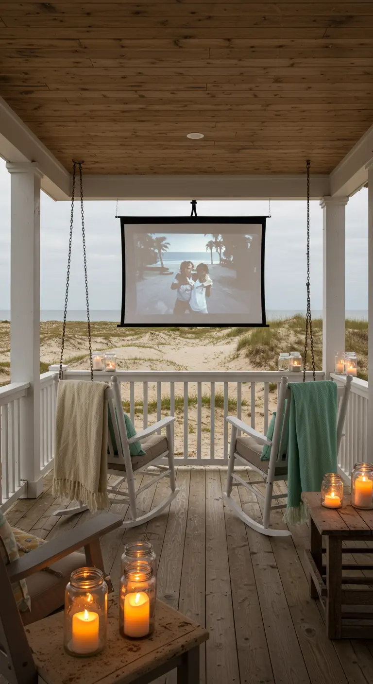 A beach house porch with rocking chairs and lanterns set up for a movie night overlooking the dunes.