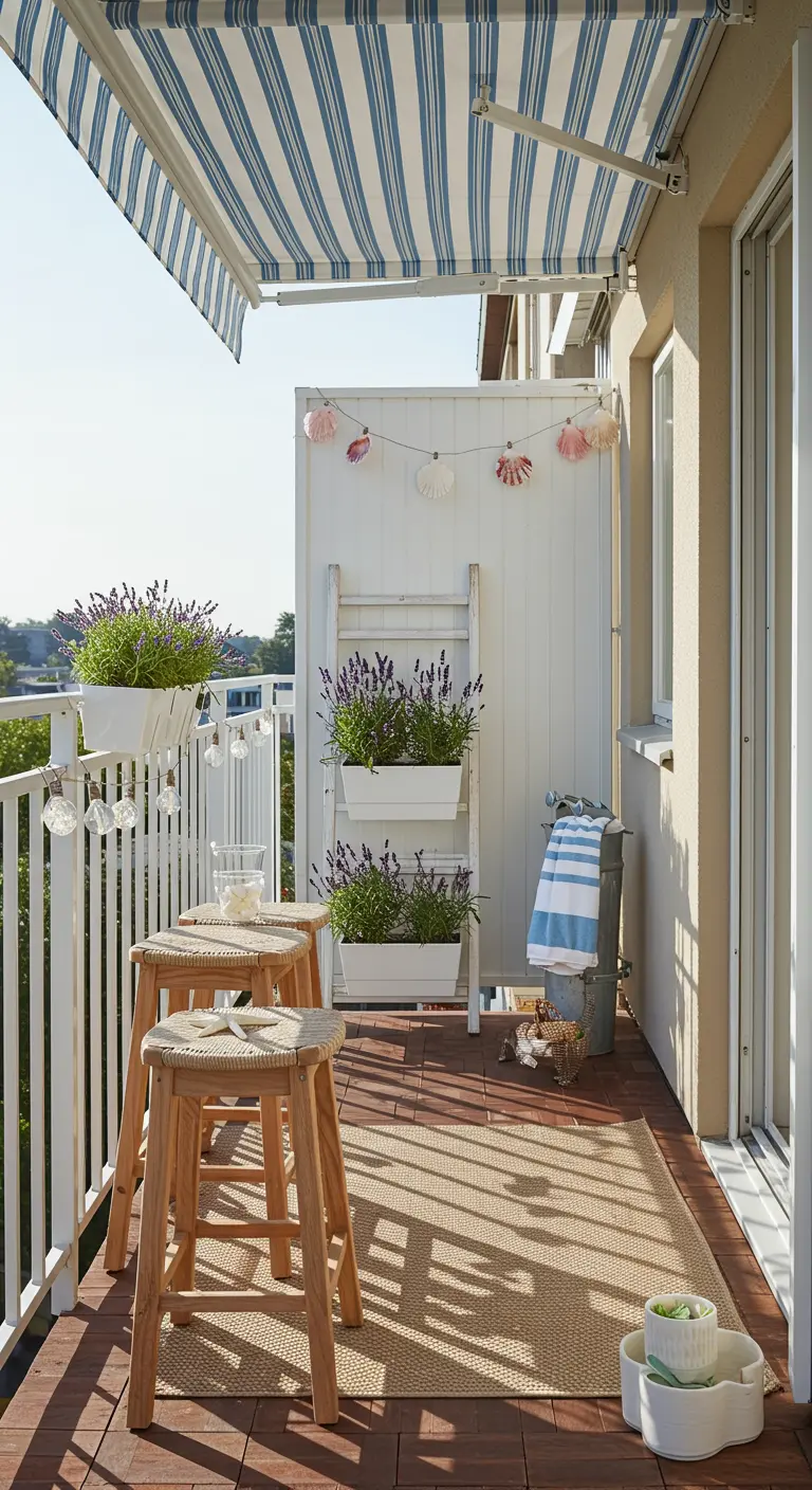 A coastal-themed balcony with wooden stools, a jute rug, and planters filled with lavender.