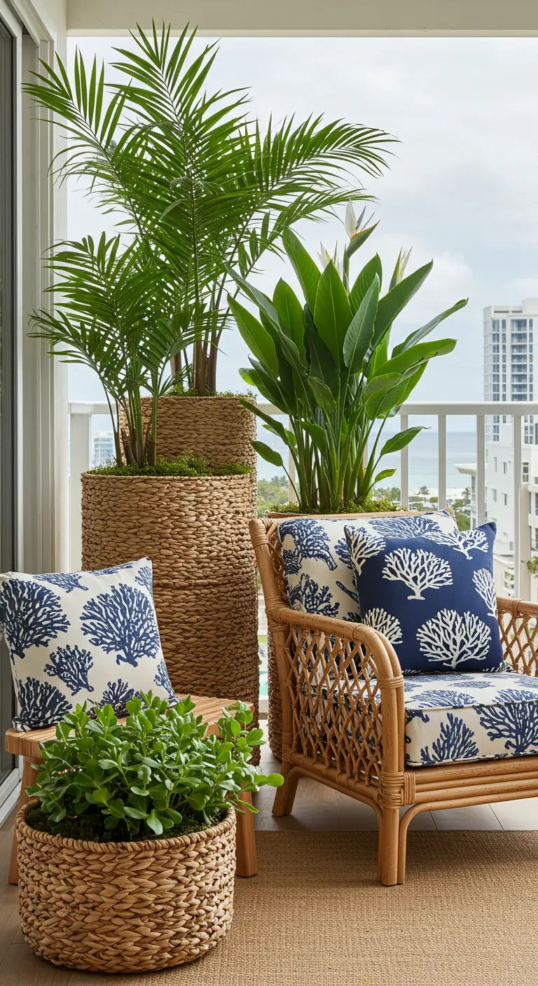 A coastal-style balcony with woven rattan furniture and matching woven planters.
