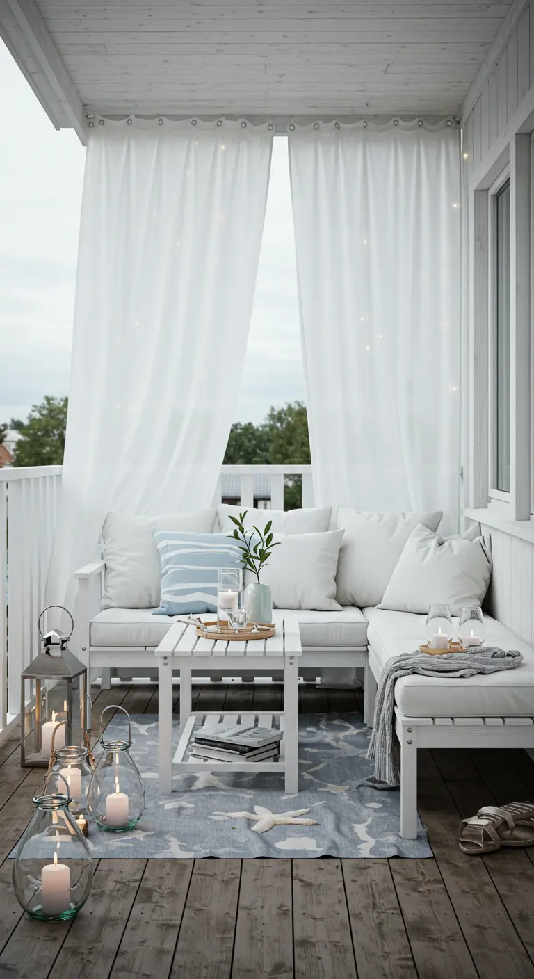 A white balcony with sheer curtains, a white sofa, and blue and white pillows.