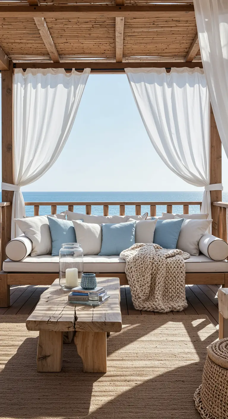A wooden daybed under a pergola with sheer white curtains tied back, overlooking the ocean.