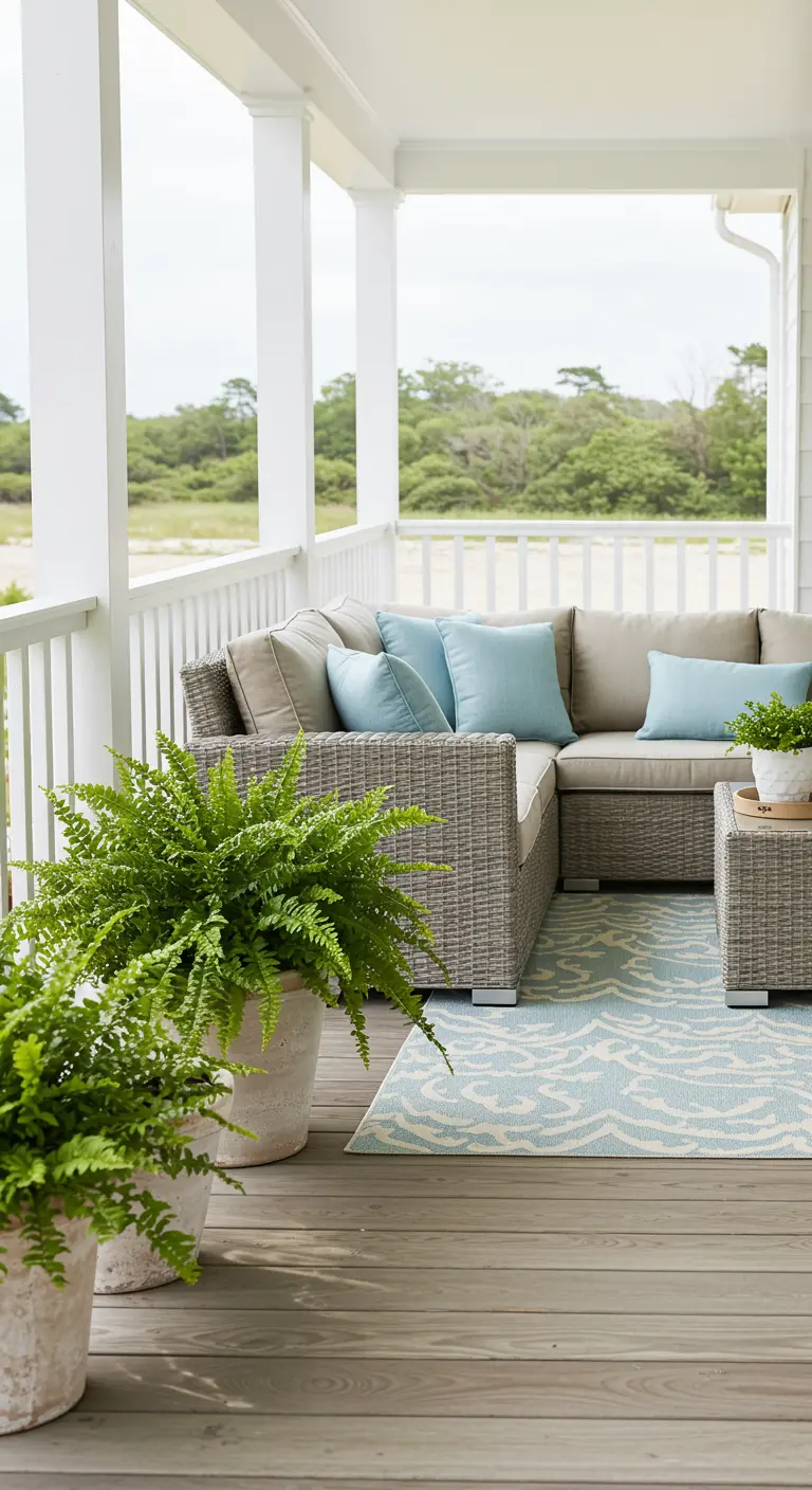 A light grey rattan sectional with blue pillows on a welcoming front porch.