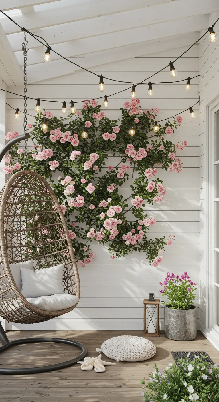 A cozy hanging egg chair next to a white shiplap wall with climbing pink roses and string lights.