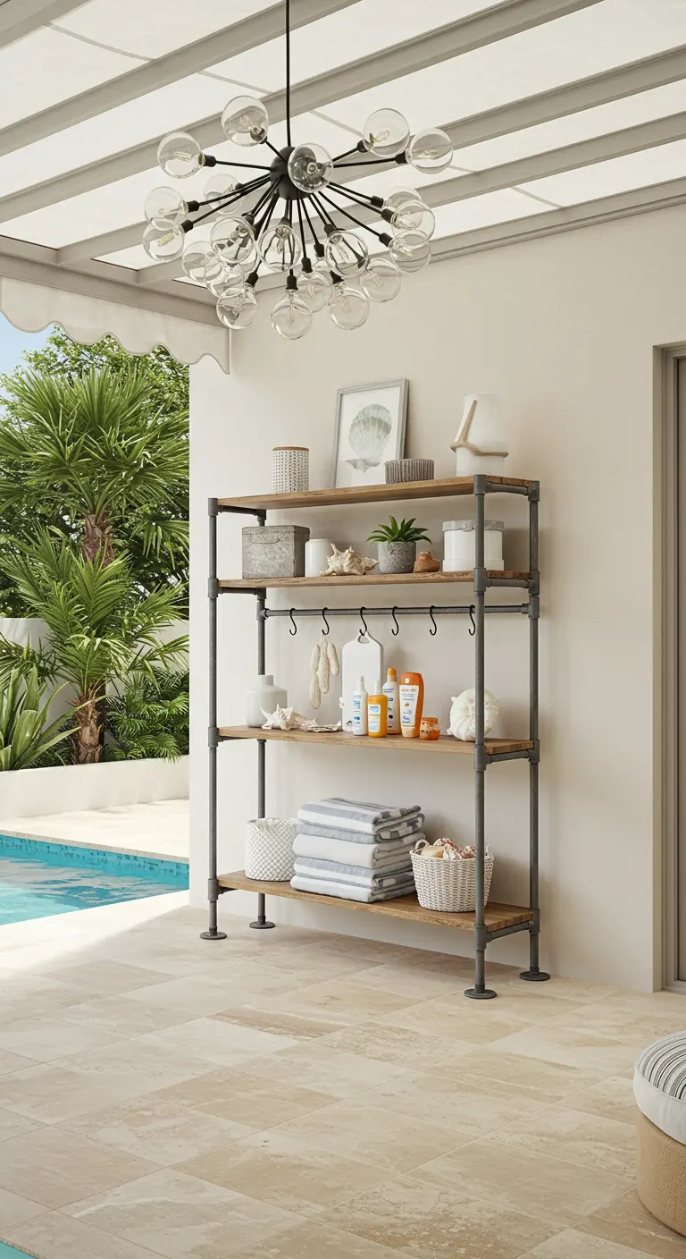 A pipe shelving unit by a pool, stocked with towels, lotions, and coastal-themed decor.
