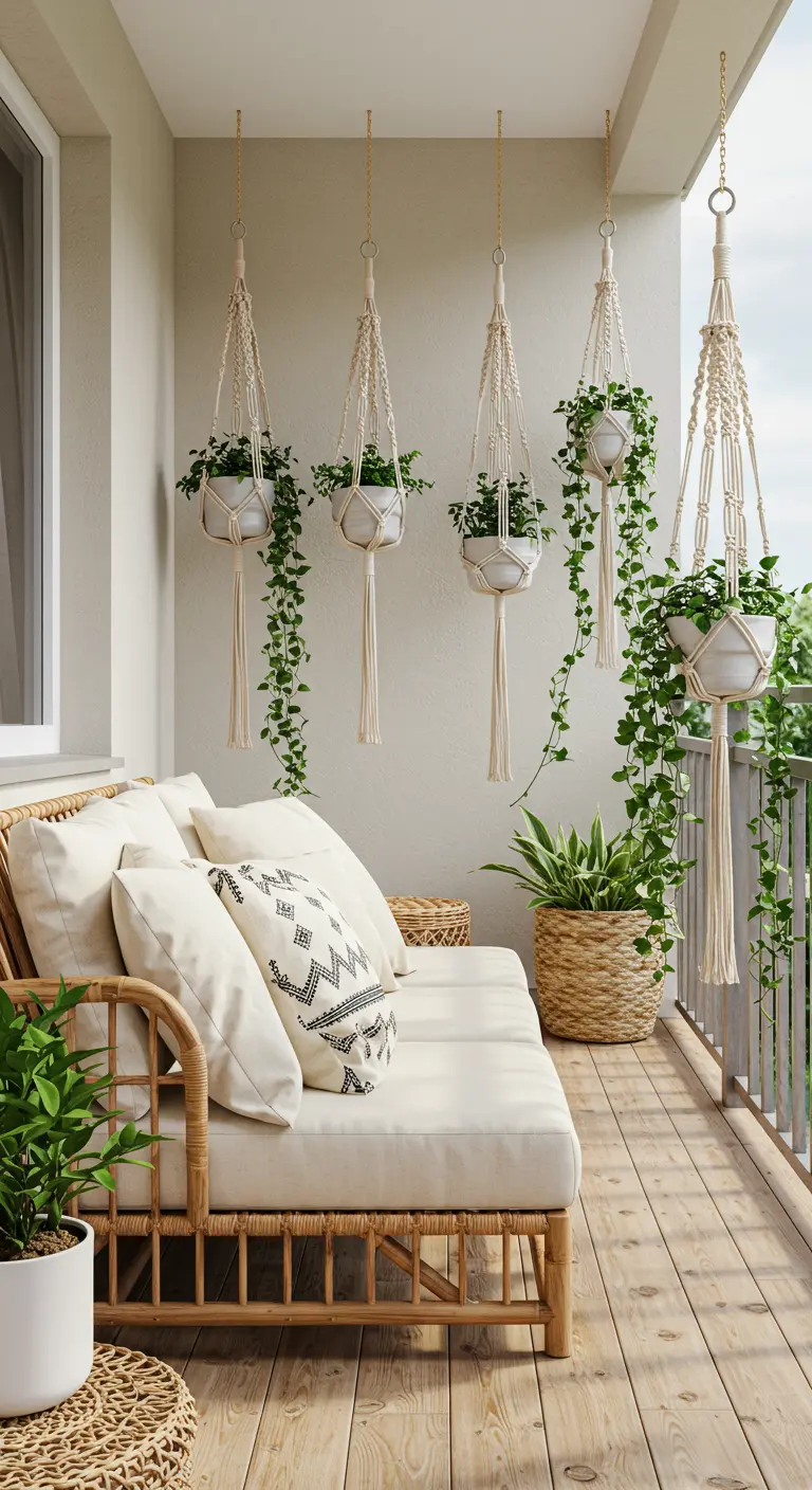 A light-filled balcony with a rattan sofa, white cushions, and macrame hanging planters with ivy.