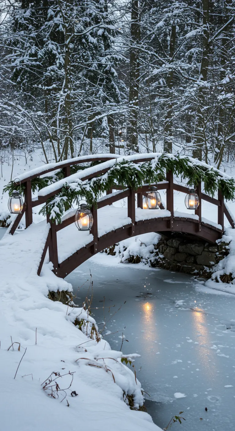 Wooden bridge with lanterns and garlands over a frozen stream.
