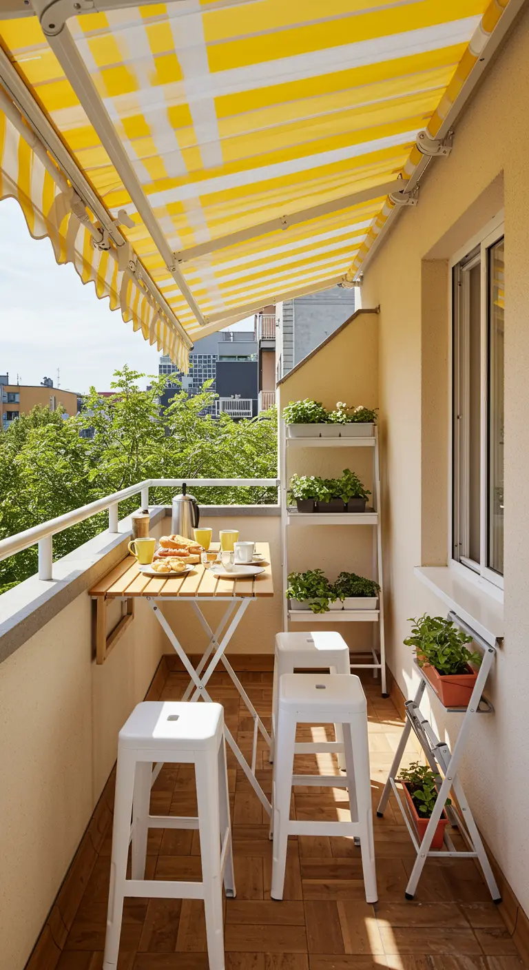 A sunny balcony with a yellow striped awning, a high folding table, and white bar stools.