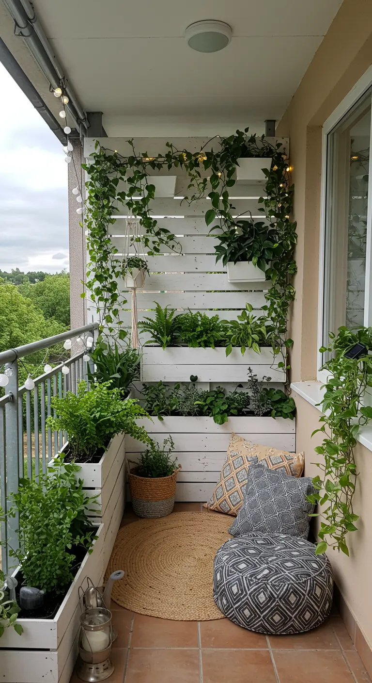 A white-painted pallet screen on a balcony, filled with various green plants, string lights, and cozy pillows.