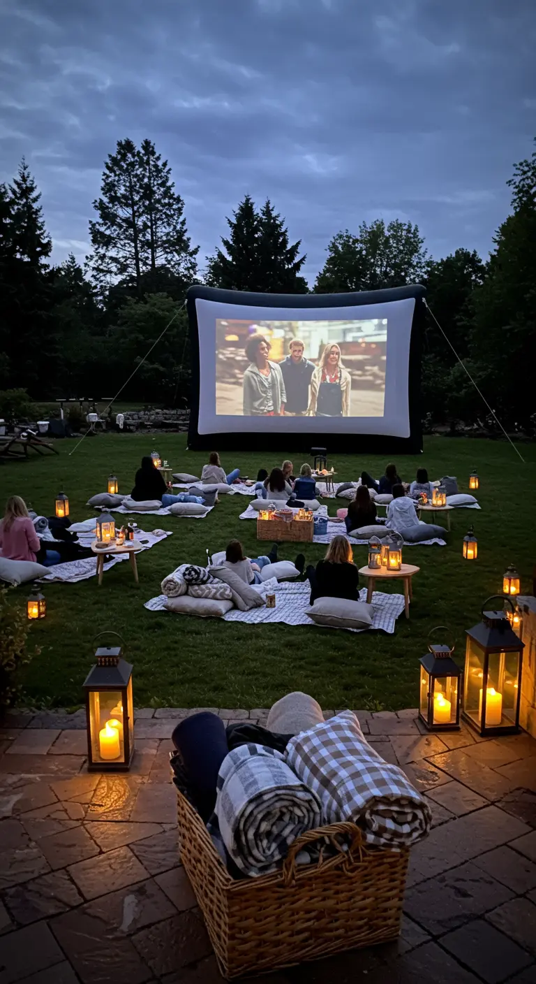 A backyard movie party with an inflatable screen, blankets on the grass, and a basket of throws.