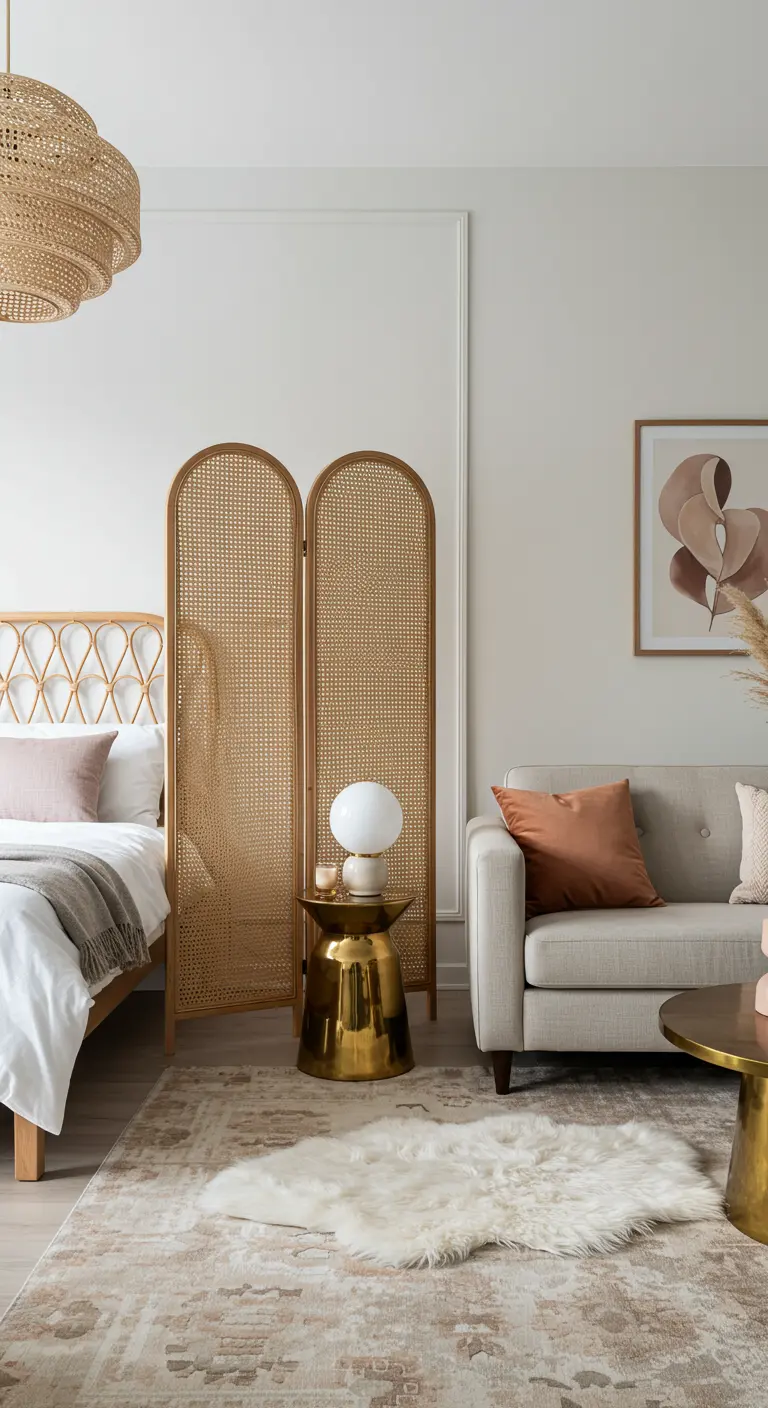 A rattan screen separates a bed from a small sofa in a neutral-toned studio apartment.