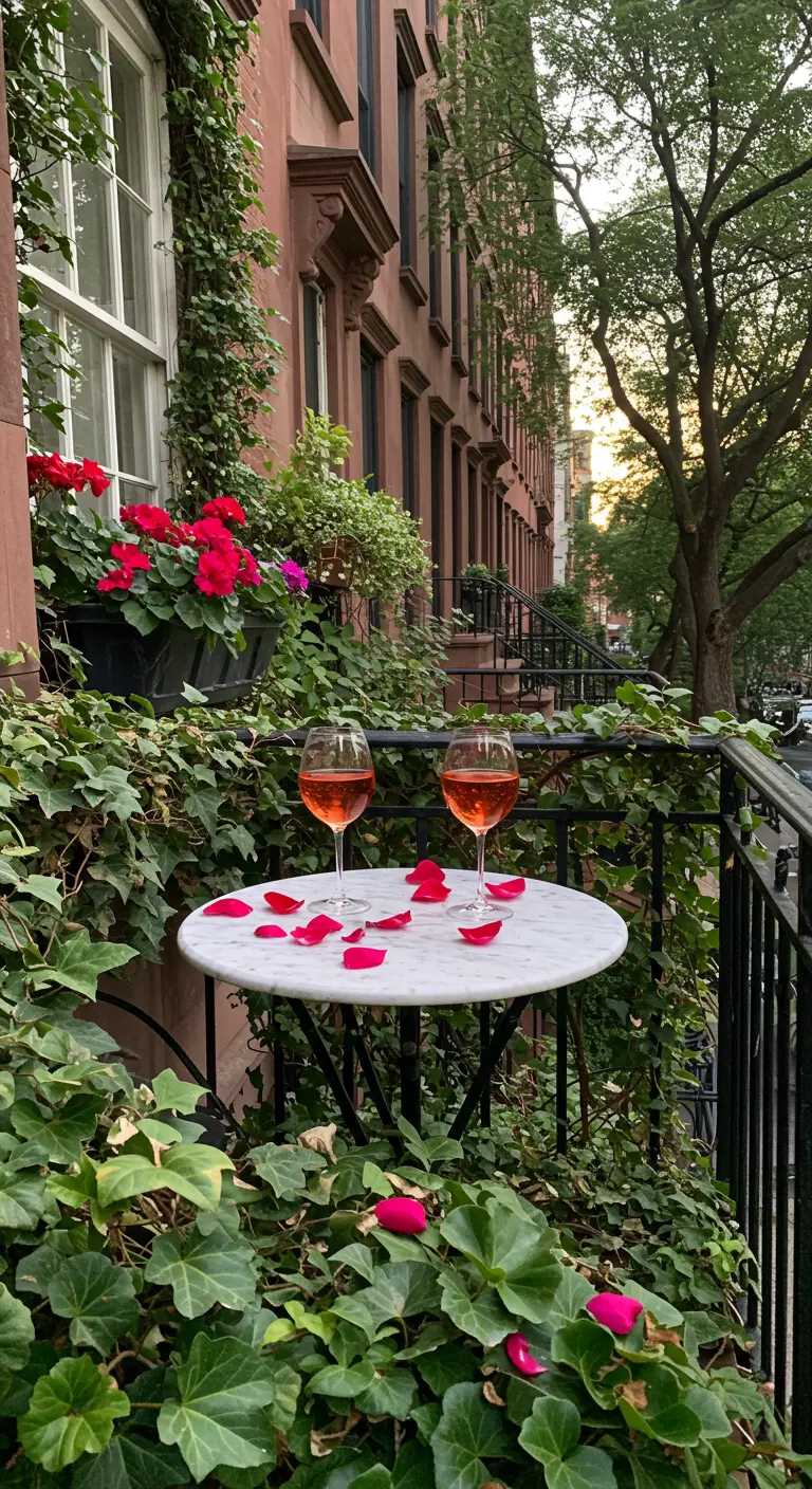 A small marble bistro table surrounded by lush ivy and red flowers on a city brownstone balcony.