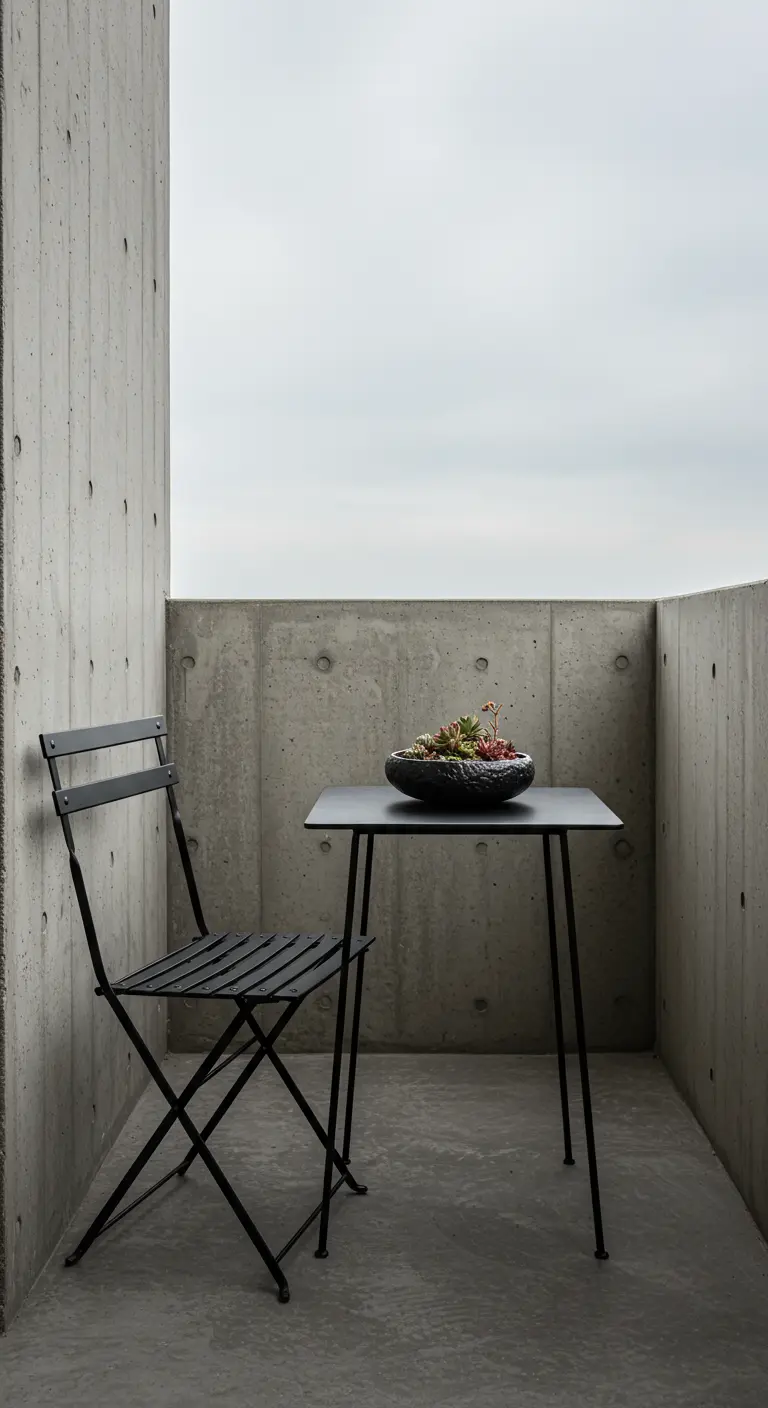 A minimalist black bistro set in a small, enclosed balcony with raw concrete walls.