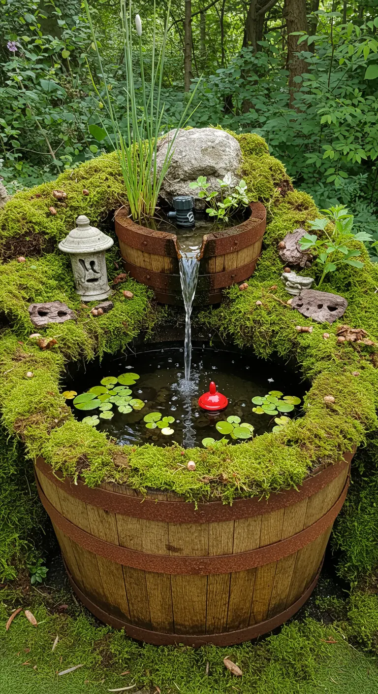 A two-tiered mossy barrel water fountain with a red fishing bobber in the pond.