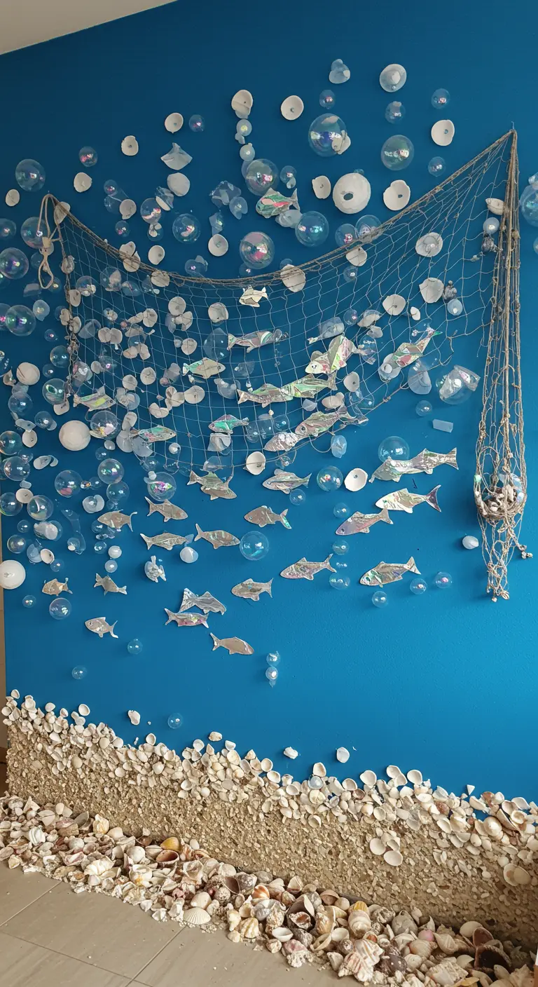 A blue wall decorated with a fishing net, paper fish, clear bubbles, and a seashell-covered base.