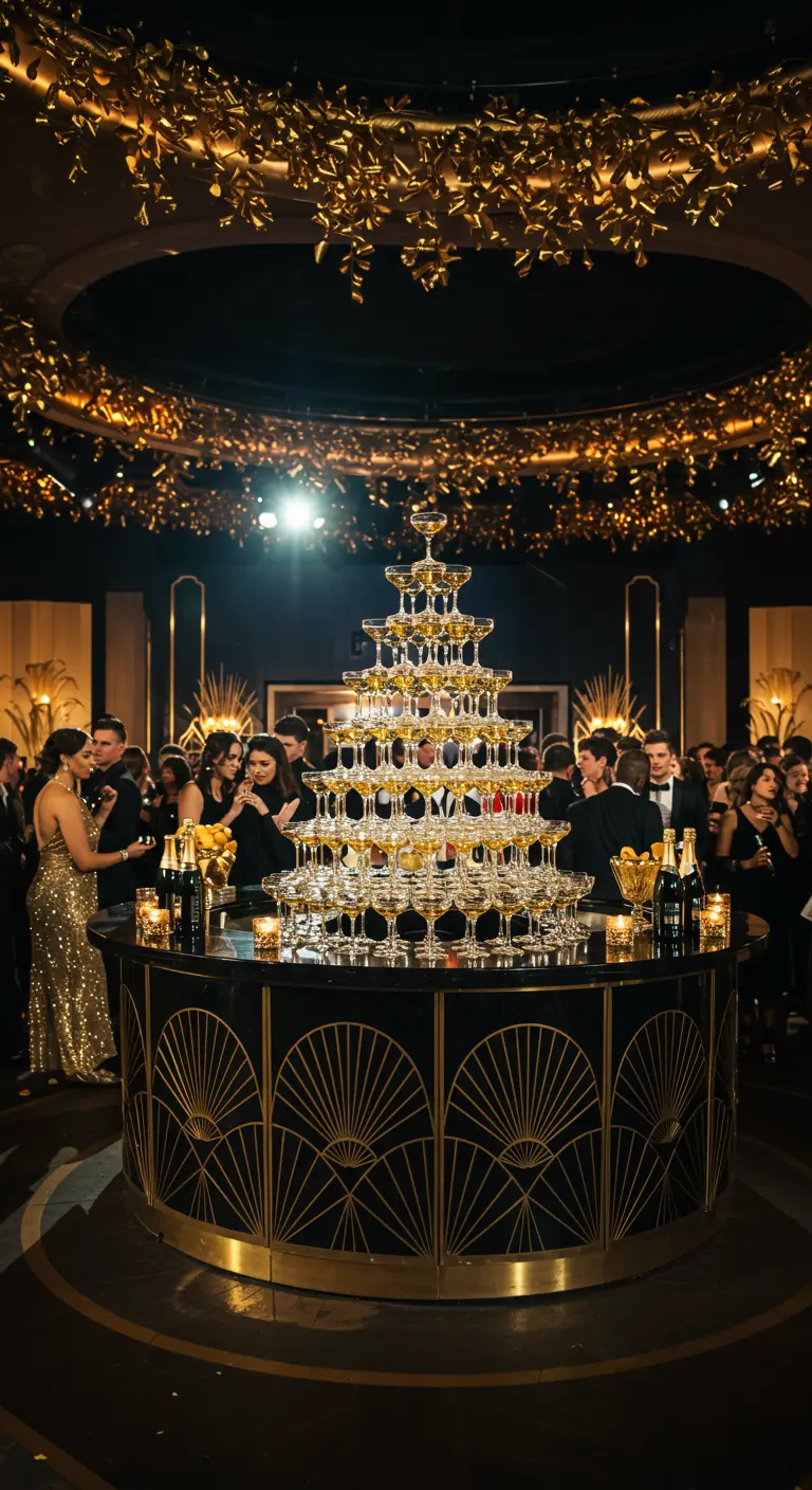 A towering pyramid of champagne glasses on a circular Art Deco bar at a crowded party.
