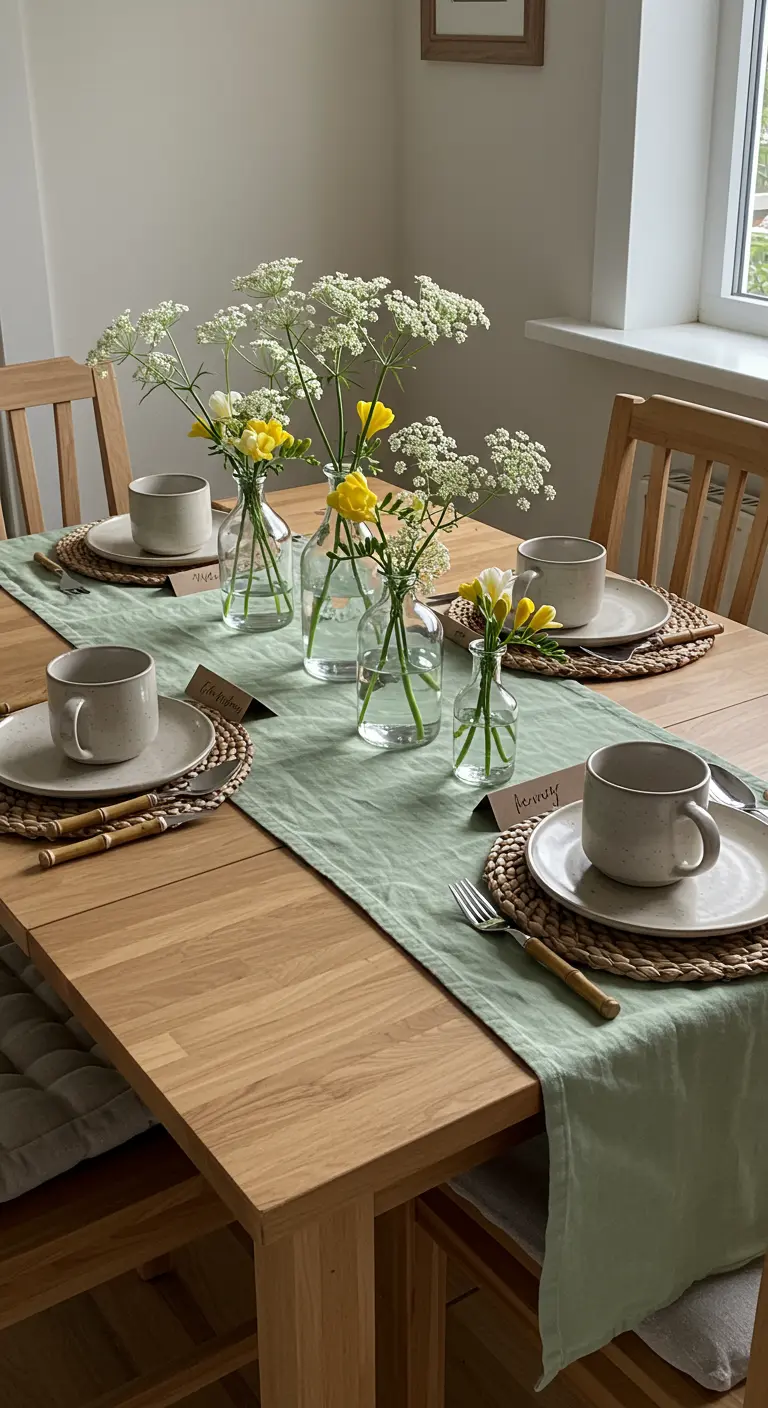 Minimalist table with a sage green runner and multiple bud vases with white and yellow flowers.