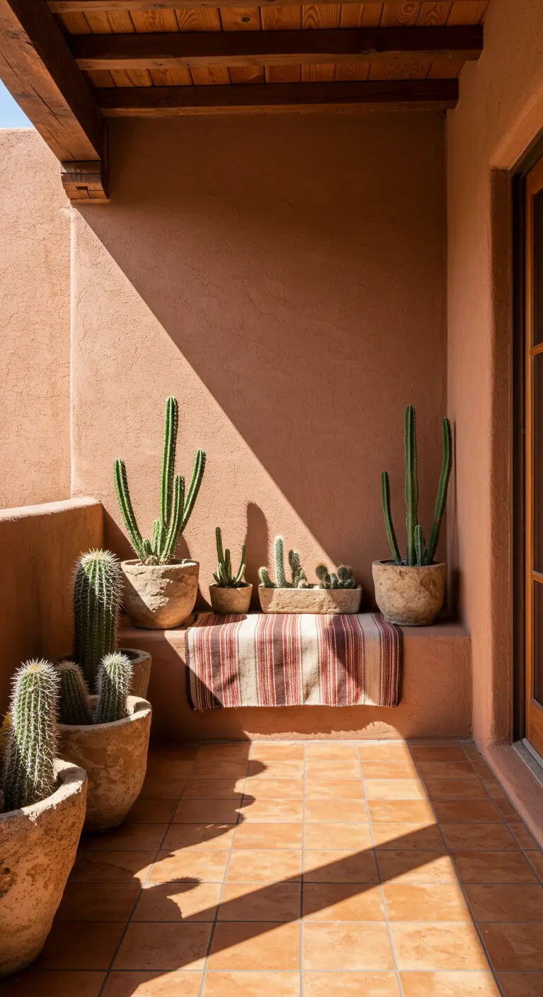 A terracotta-walled balcony with cacti arranged on a built-in ledge.