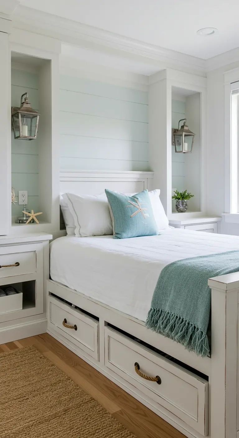 Coastal bedroom with white built-in cabinetry and drawers surrounding the bed.