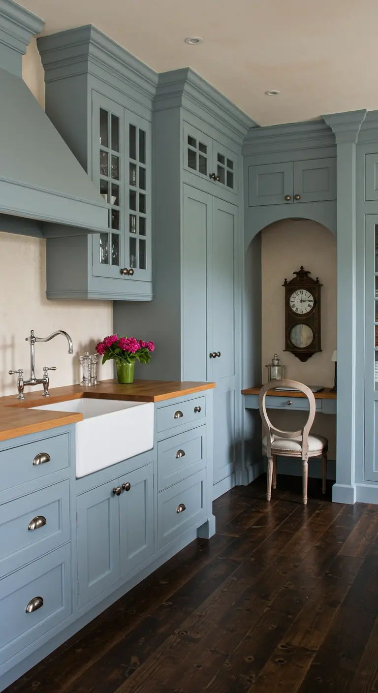 A Country French kitchen with blue cabinets, a built-in desk nook with a chair, and a wall clock.