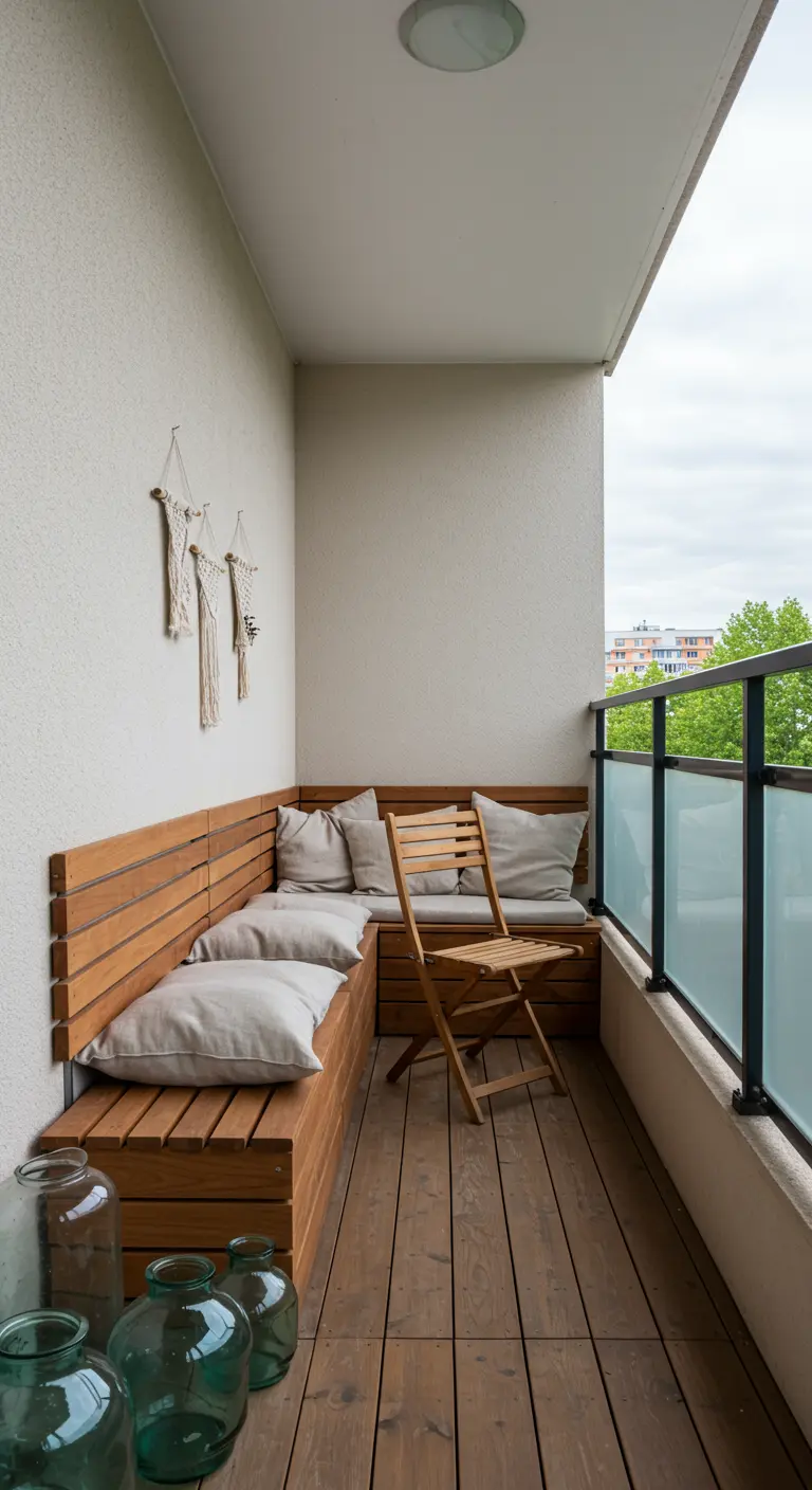 A narrow balcony with a built-in L-shaped wooden bench and neutral cushions.