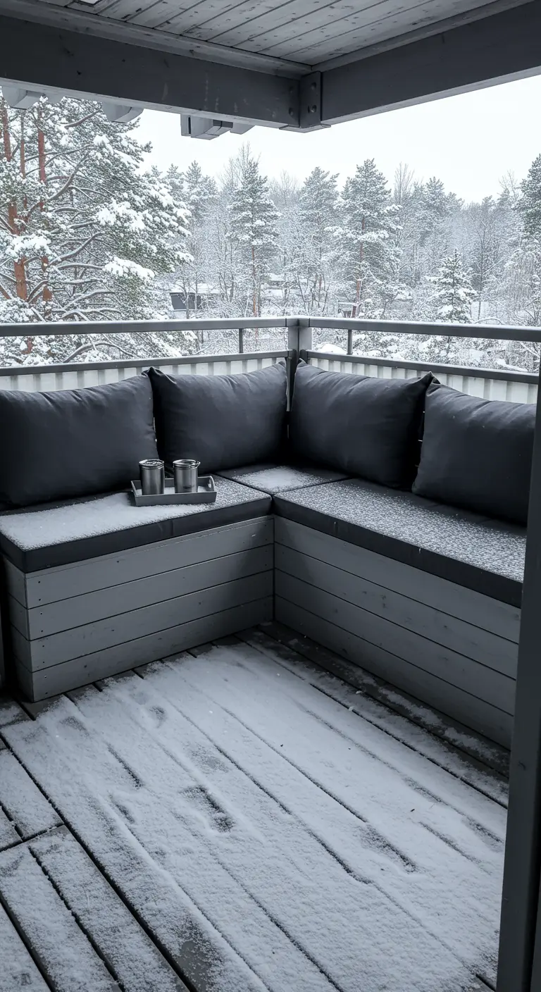 A custom-built L-shaped bench with dark cushions on a snowy balcony corner overlooking a forest.