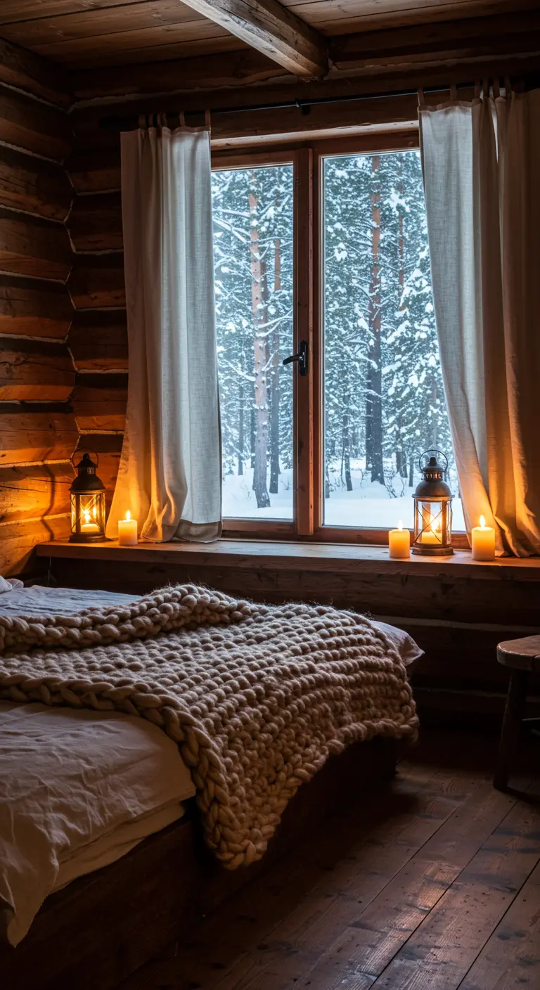 A cozy log cabin bedroom with a chunky knit blanket and lanterns in the window.